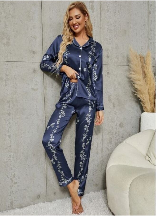 Shein - Floral Print Contrast Piping Satin Blouse & Pants PJ Set - Image 1