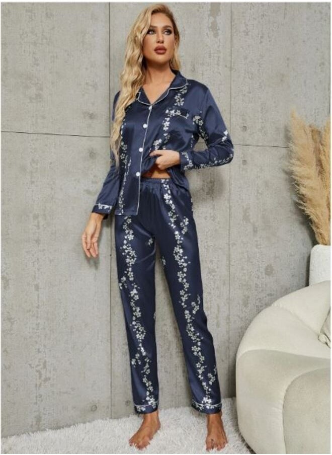 Shein - Floral Print Contrast Piping Satin Blouse & Pants PJ Set - Image 1