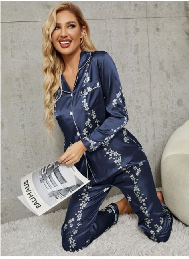 Shein - Floral Print Contrast Piping Satin Blouse & Pants PJ Set - Image 1