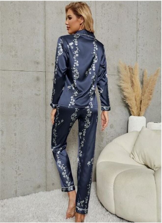 Shein - Floral Print Contrast Piping Satin Blouse & Pants PJ Set - Image 1