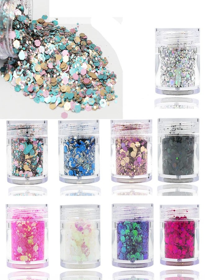 Lifextol 9 Colors Chunky Glitter Sequins 90g Size Mixed Resin Hexagons Crafts Fine Glitter Iridescent DIY Nail Sequins for Face body Makeup Resin Accessories(Mixed Color-B) - Image 1