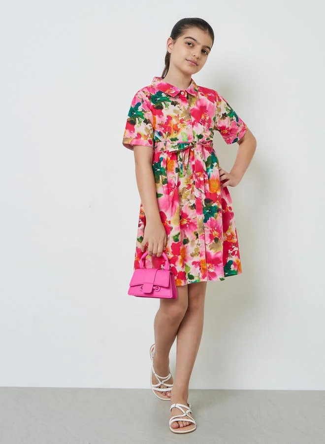 Styli Teen Girls Floral Print Cotton Shirt Dress