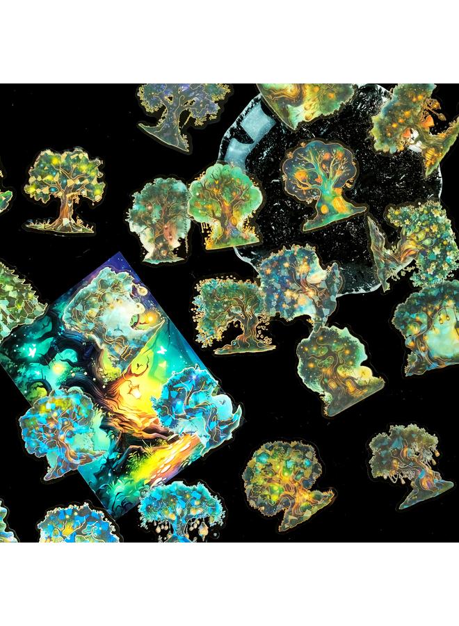 الأزرق جي دبليو 30 ملصق شجرة سحرية من العناصر الخضراء في ملصقات ستيريو ستيريو ، سطح ليزر مزخرف للأطفال ، ملصق بيت مقاوم للماء - Image 2