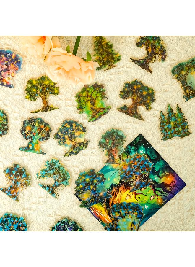 الأزرق جي دبليو 30 ملصق شجرة سحرية من العناصر الخضراء في ملصقات ستيريو ستيريو ، سطح ليزر مزخرف للأطفال ، ملصق بيت مقاوم للماء - Image 1