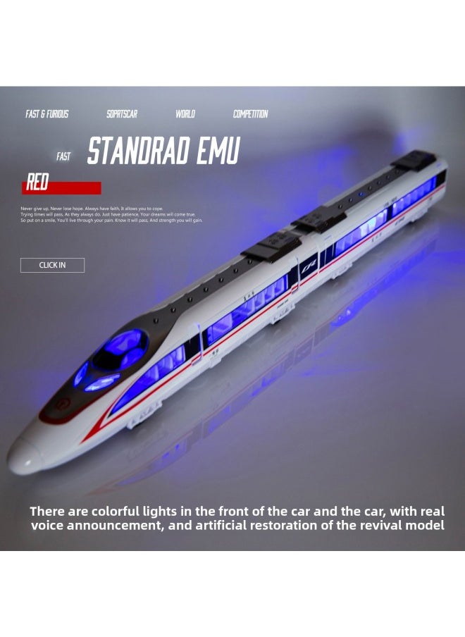 [Magnetic Connecting Rod] Alloy Fuxing High-speed Railway Train Toy Model EMU Harmony Power Sound And Light-Color:Blue Three-section Flat Box + 3m Track Rolls