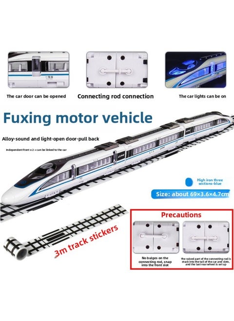 [Magnetic Connecting Rod] Alloy Fuxing High-speed Railway Train Toy Model EMU Harmony Power Sound And Light-Color:Blue Three-section Flat Box + 3m Track Rolls