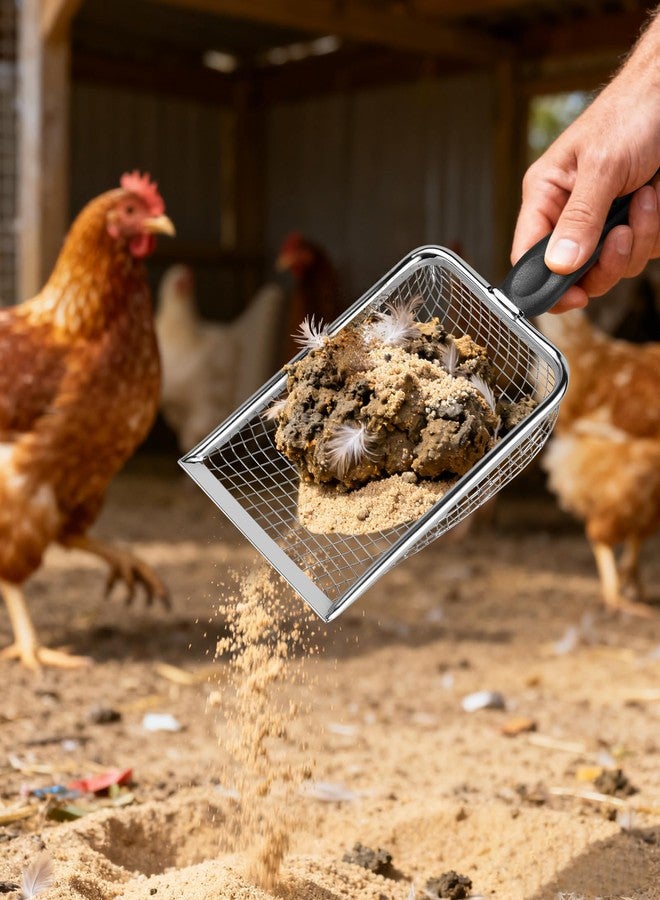 KOROI Chicken Poop Scooper - 2 Pack Chicken Coop Poop Scoop Shovel with 3.8mm & 5mm Mesh,Metal Chicken Coop Cleaning Tool,Sifting Rake for Chicken Litter, Sand, Chicken Coop Supplies - Image 2