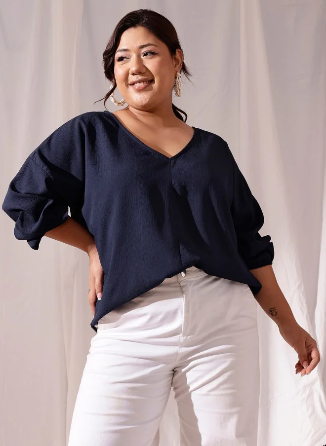 CURVY STREET Navy Blue V-Neck Puff Sleeve Top for Women