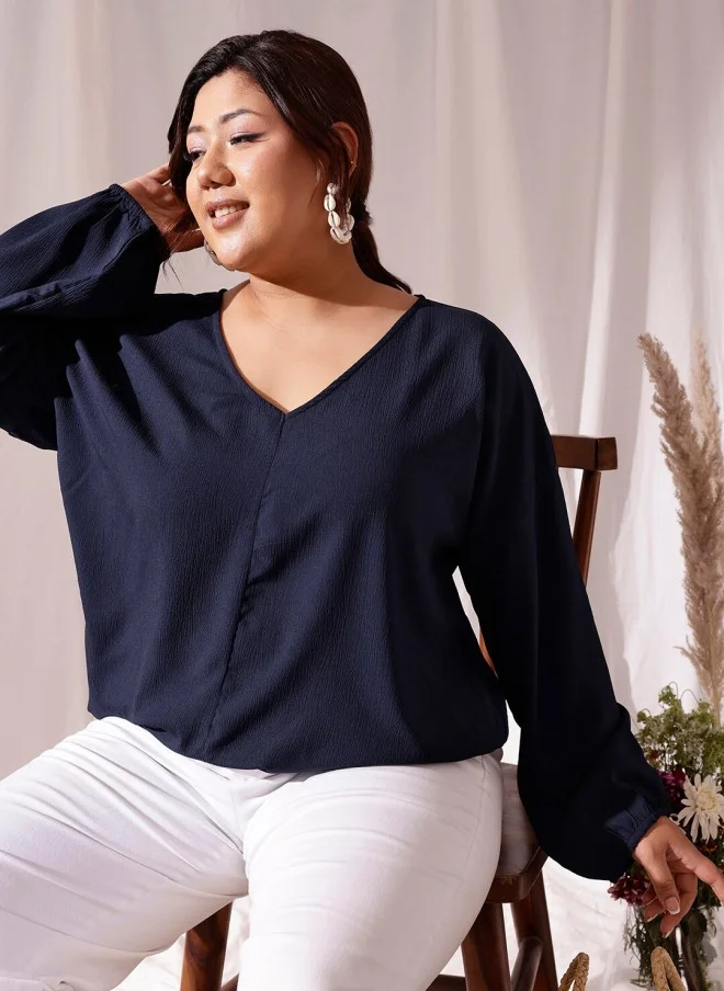 CURVY STREET Navy Blue V-Neck Puff Sleeve Top for Women