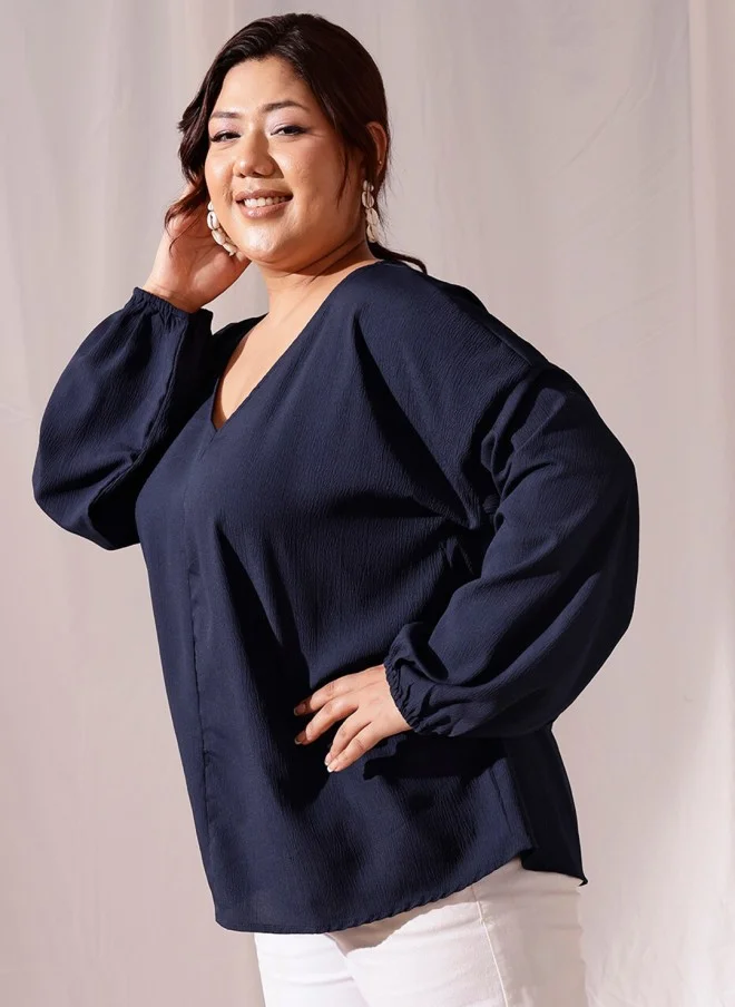 CURVY STREET Navy Blue V-Neck Puff Sleeve Top for Women