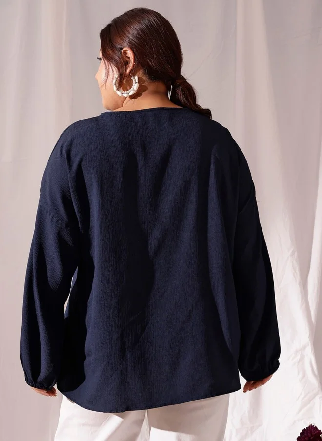 CURVY STREET Navy Blue V-Neck Puff Sleeve Top for Women