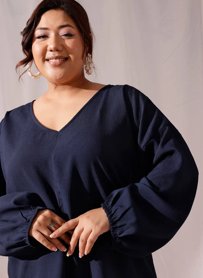 CURVY STREET Navy Blue V-Neck Puff Sleeve Top for Women