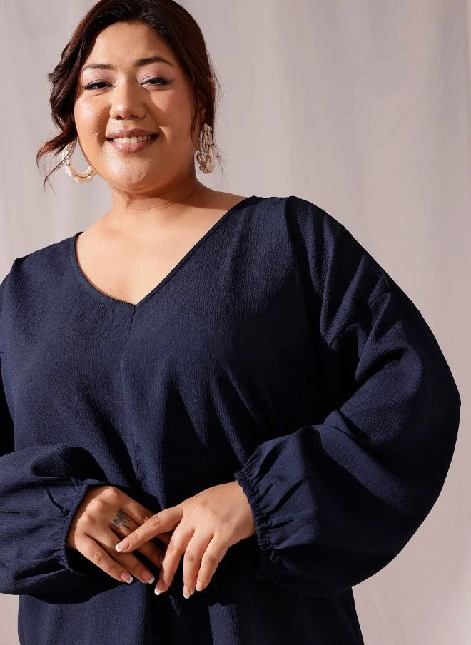 CURVY STREET Navy Blue V-Neck Puff Sleeve Top for Women