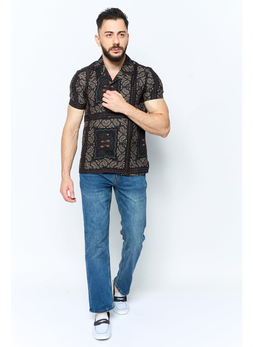 Modern Culture Men Regular Fit Allover Print Short Sleeves Casual Shirt, Black Combo  - Image 2