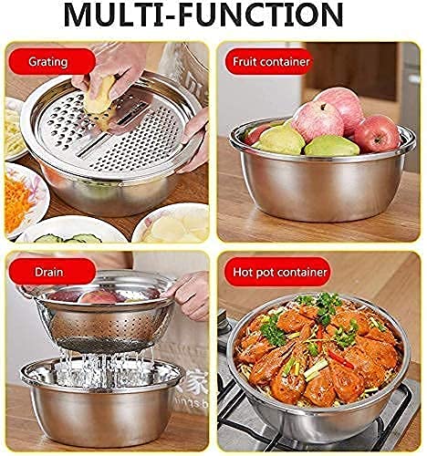 HEYOL Multifunctional Thicken Stainless Steel Basin 3 in 1 Stainless Steel Grater Solid Basin Drain Basket Washing Bowl Julienne Grater Salad Maker Bowl Set - Image 2