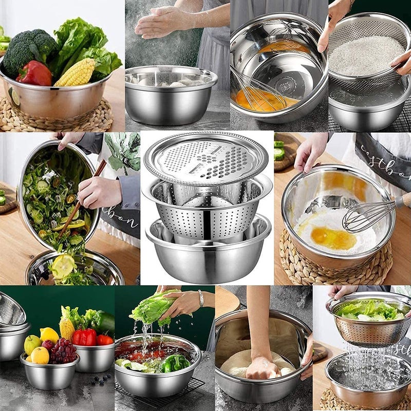 HEYOL Multifunctional Thicken Stainless Steel Basin 3 in 1 Stainless Steel Grater Solid Basin Drain Basket Washing Bowl Julienne Grater Salad Maker Bowl Set - Image 4