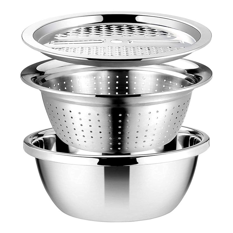 HEYOL Multifunctional Thicken Stainless Steel Basin 3 in 1 Stainless Steel Grater Solid Basin Drain Basket Washing Bowl Julienne Grater Salad Maker Bowl Set - Image 1