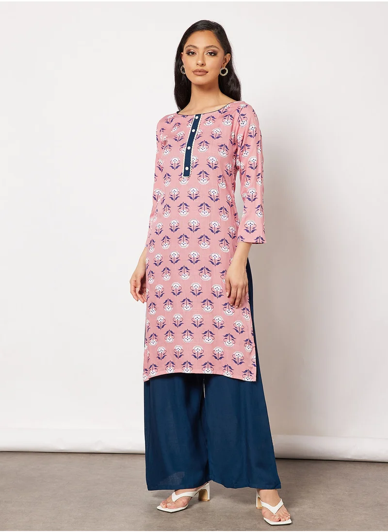 HANA & SARA Print Short Kurta With Pants and Face Mask