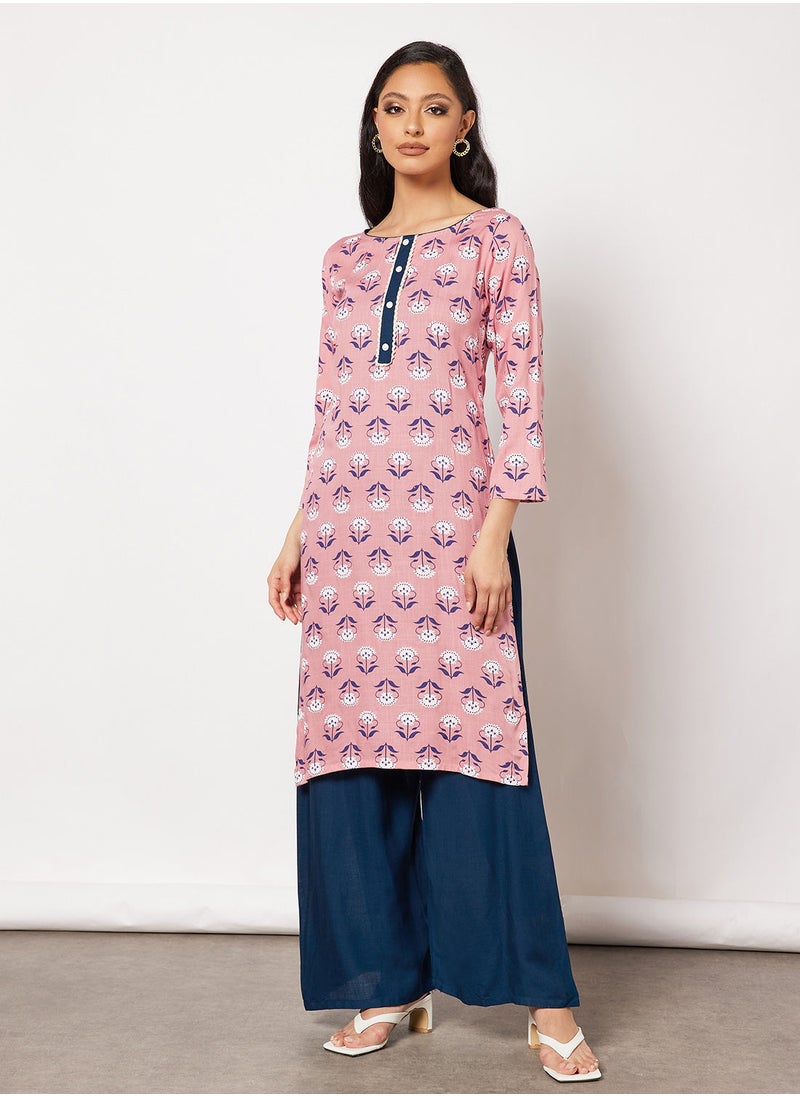 HANA & SARA - Print Short Kurta With Pants and Face Mask - Image 1