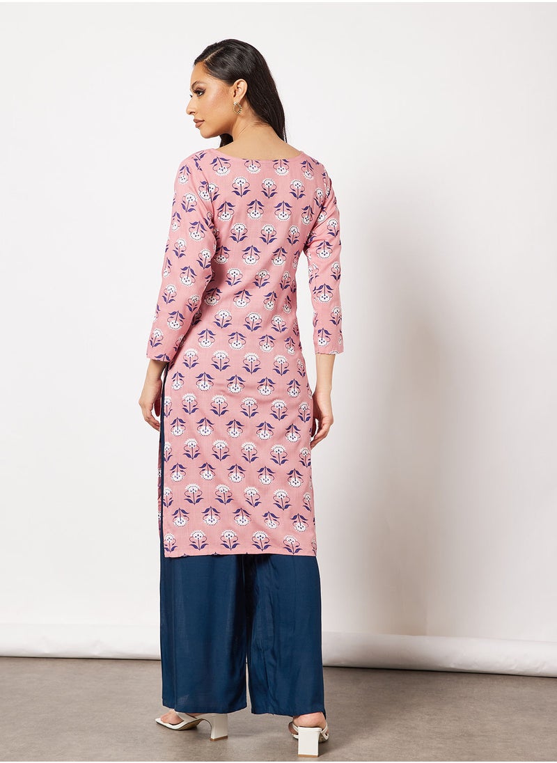 HANA & SARA - Print Short Kurta With Pants and Face Mask - Image 1