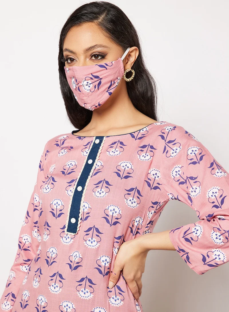 HANA & SARA Print Short Kurta With Pants and Face Mask