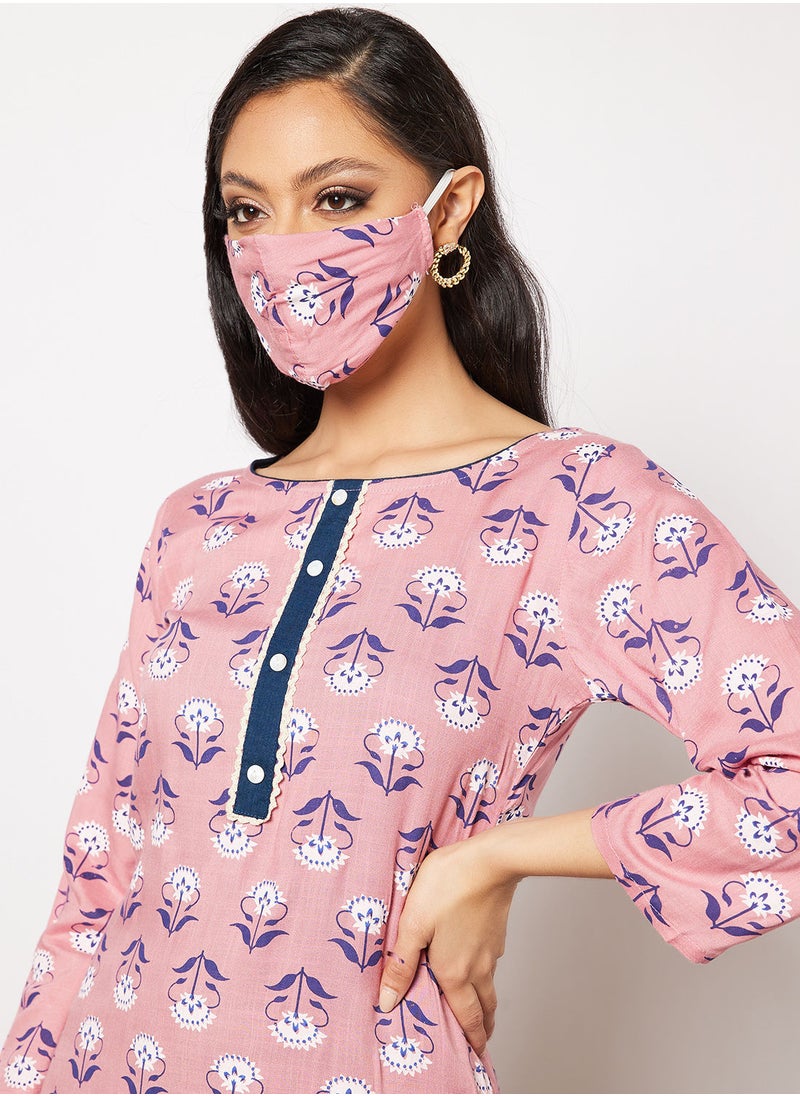HANA & SARA - Print Short Kurta With Pants and Face Mask - Image 1