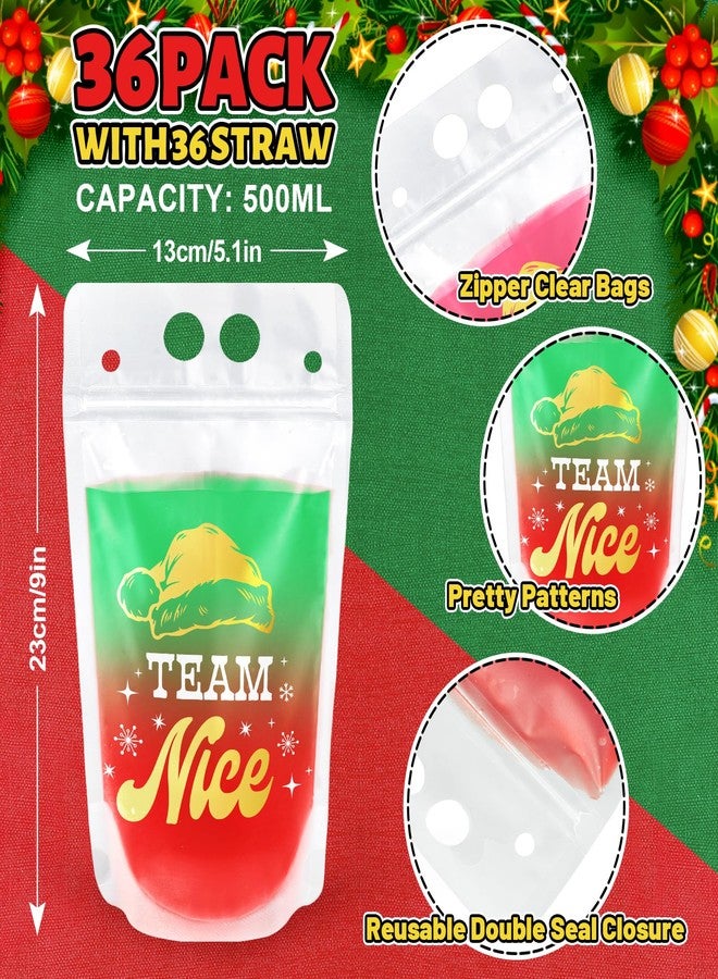 Whaline 36 Set Christmas Drink Pouches Gold Foil Reclosable Clear Plastic Drink Pouches Team Naughty Team Nice Juice Pouch Bag Zipper Red Green Drink Pouch with Straw for Xmas Party Favor, 500ml - Image 2