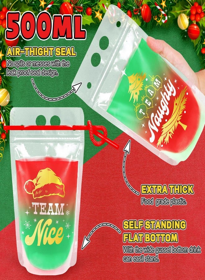 Whaline 36 Set Christmas Drink Pouches Gold Foil Reclosable Clear Plastic Drink Pouches Team Naughty Team Nice Juice Pouch Bag Zipper Red Green Drink Pouch with Straw for Xmas Party Favor, 500ml - Image 3