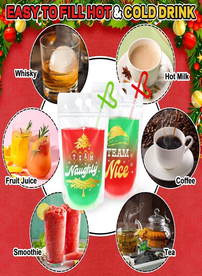 Whaline 36 Set Christmas Drink Pouches Gold Foil Reclosable Clear Plastic Drink Pouches Team Naughty Team Nice Juice Pouch Bag Zipper Red Green Drink Pouch with Straw for Xmas Party Favor, 500ml - Image 5