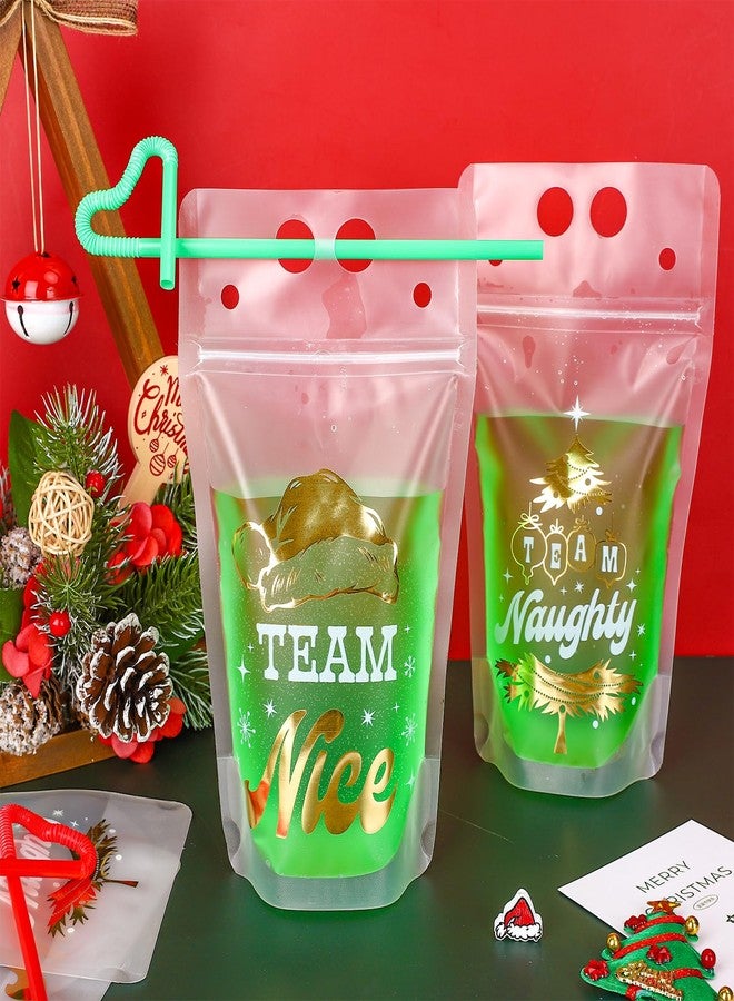 Whaline 36 Set Christmas Drink Pouches Gold Foil Reclosable Clear Plastic Drink Pouches Team Naughty Team Nice Juice Pouch Bag Zipper Red Green Drink Pouch with Straw for Xmas Party Favor, 500ml - Image 4