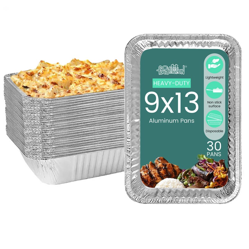 FUNSTITUTION Aluminum Foil Pans 9x13 30 Pack  Disposable Aluminum Baking Pans With High Heat Conductivity For Grilling Cooking Storing Prepping