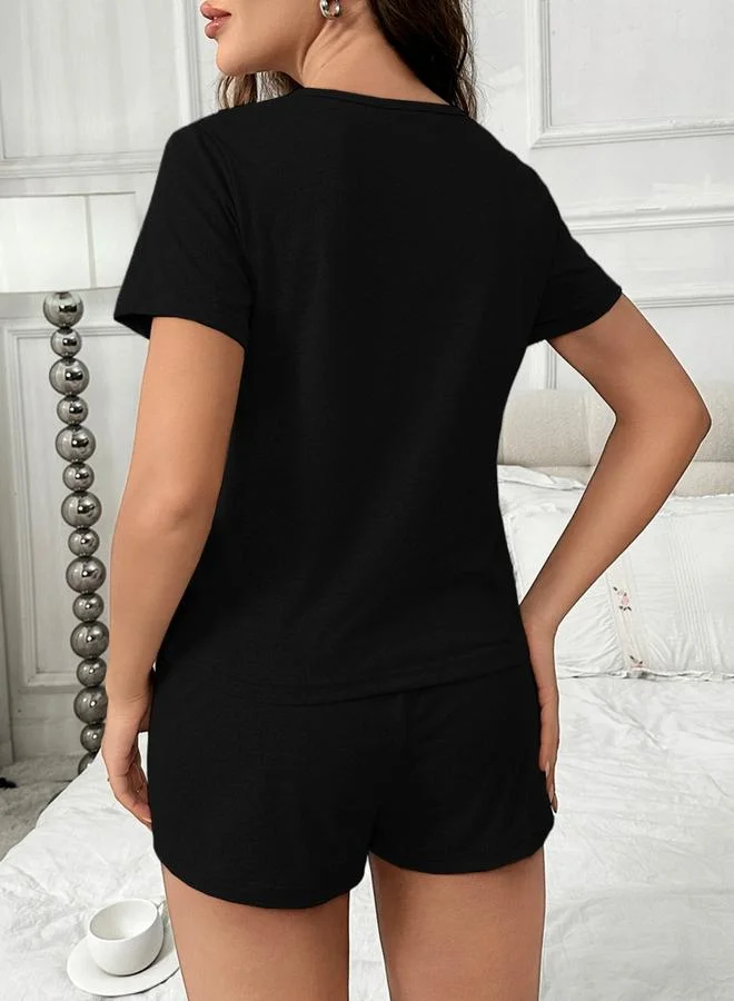 Take Two Black Slogan Text Print T-Shirt and Shorts Set