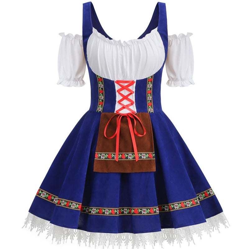 GRAJTCIN Oktoberfest Costumes Women Velvet German Bavarian Dirndl Dress Beer Maid Outfit for Halloween Carnival XL Blue
