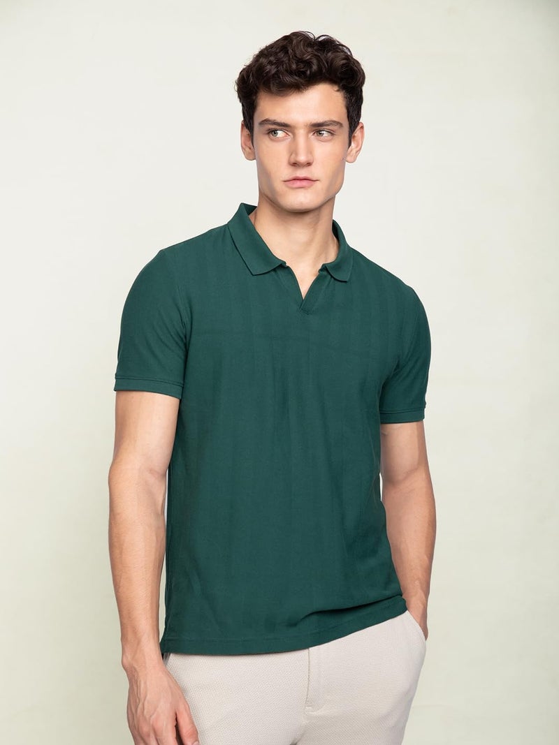 DAMENSCH Statement Textured Polo T-Shirts | Premium Cotton, Herringbone Texture, Johnny Collar-Pack of 1-Garage Green-M - Image 4