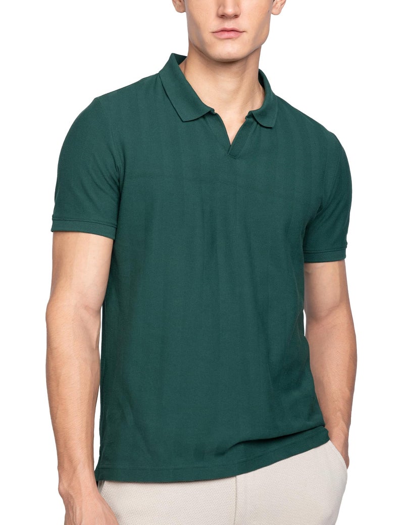 DAMENSCH Statement Textured Polo T-Shirts | Premium Cotton, Herringbone Texture, Johnny Collar-Pack of 1-Garage Green-M - Image 1