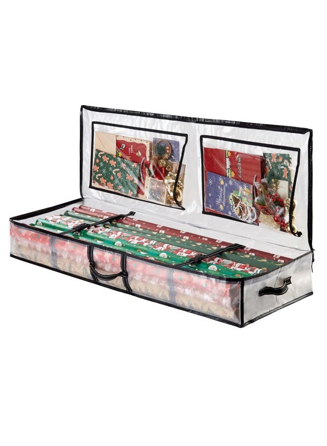 VENO Clear Wrapping Paper Organizer Storage Box for Birthday, Christmas Gift Bags and Holiday Accessories, Underbed Storage Container with Interior Pockets, 40 Inches Long Fits 24 Rolls - Image 1