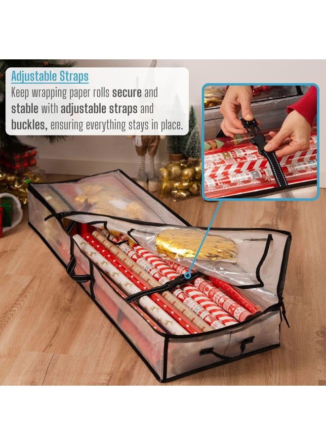 VENO Clear Wrapping Paper Organizer Storage Box for Birthday, Christmas Gift Bags and Holiday Accessories, Underbed Storage Container with Interior Pockets, 40 Inches Long Fits 24 Rolls - Image 2