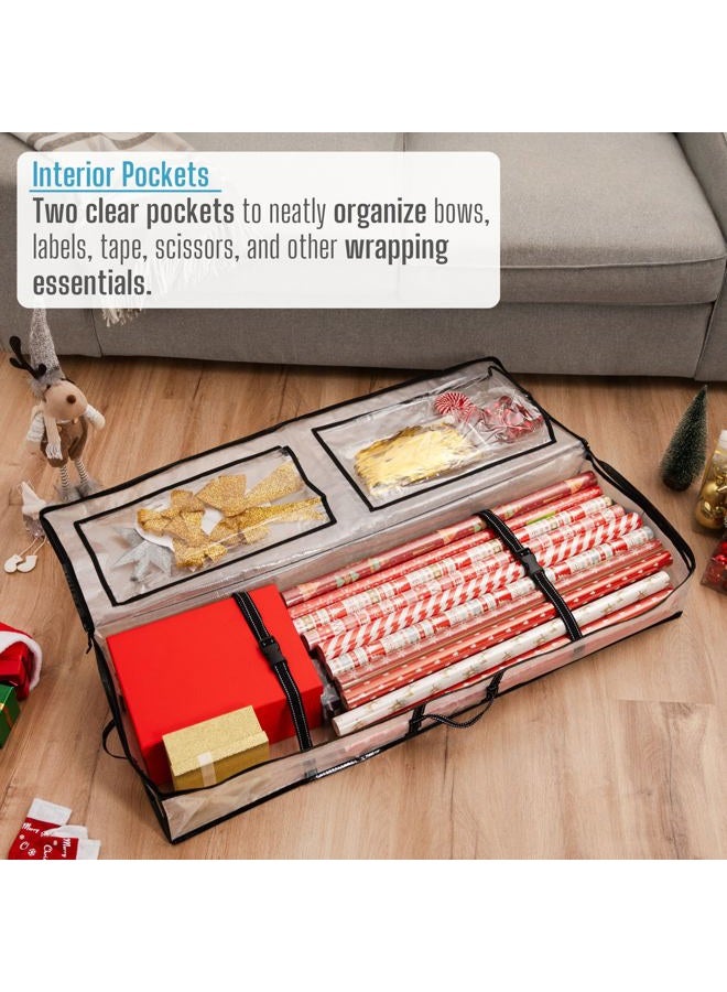 VENO Clear Wrapping Paper Organizer Storage Box for Birthday, Christmas Gift Bags and Holiday Accessories, Underbed Storage Container with Interior Pockets, 40 Inches Long Fits 24 Rolls - Image 4