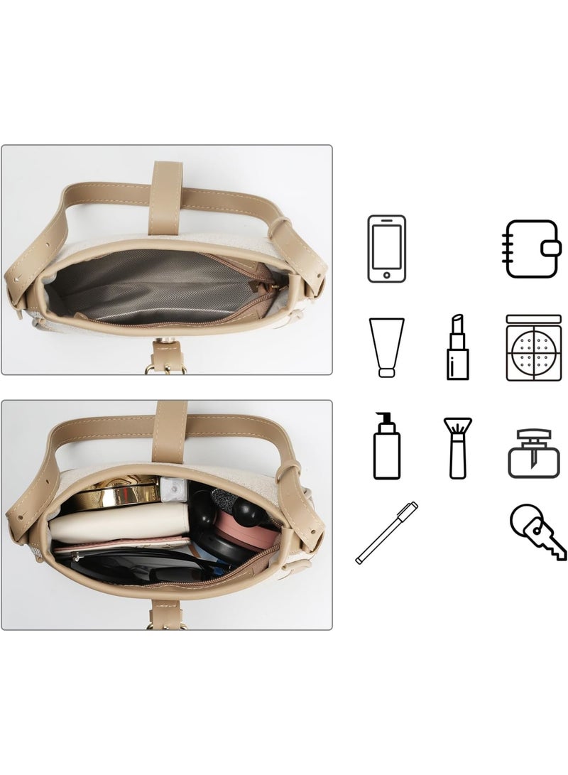 Zikra Stylish Saddle Bag, Canvas and PU Patchwork Crossbody Bag, Shoulder Purse with Adjustable Straps, Retro Versatile Women Hubo Bags, Beige - Image 5