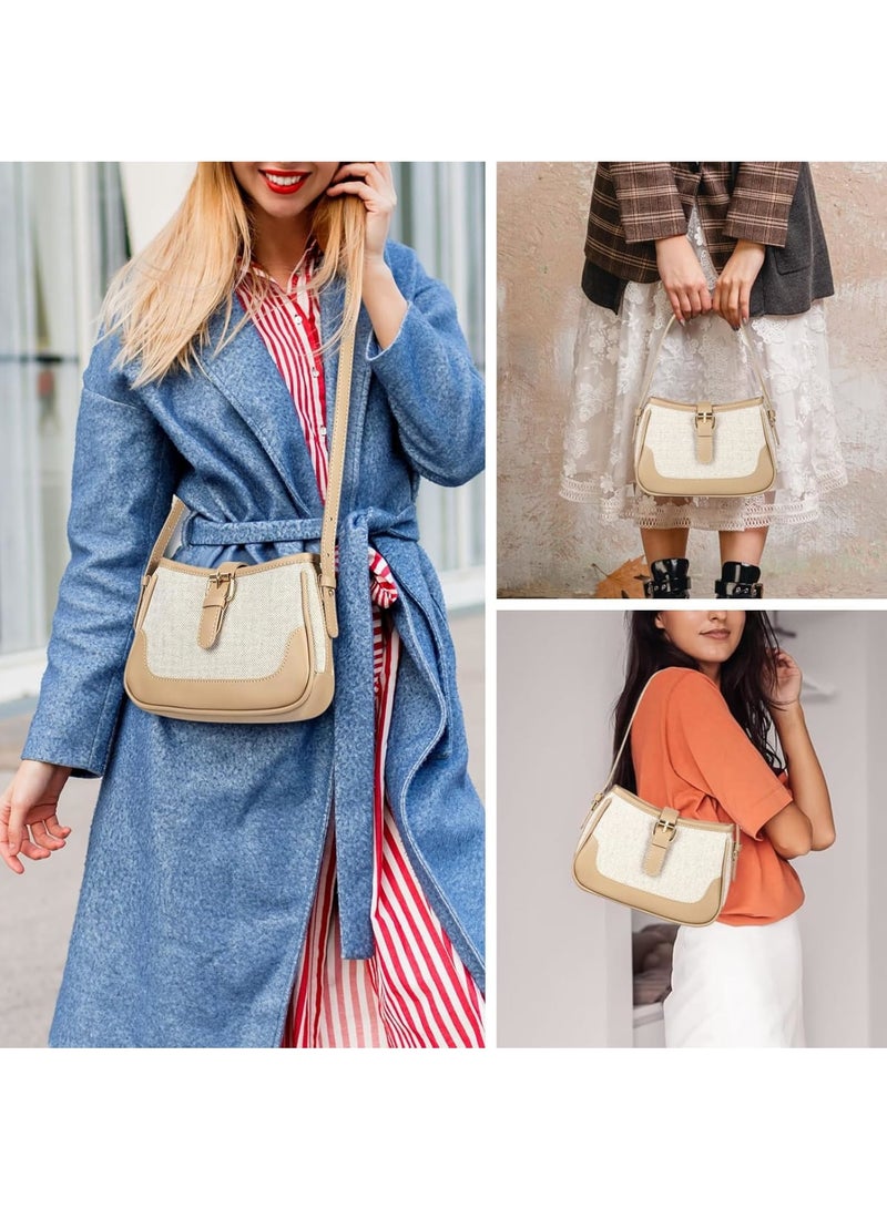 Zikra Stylish Saddle Bag, Canvas and PU Patchwork Crossbody Bag, Shoulder Purse with Adjustable Straps, Retro Versatile Women Hubo Bags, Beige - Image 2