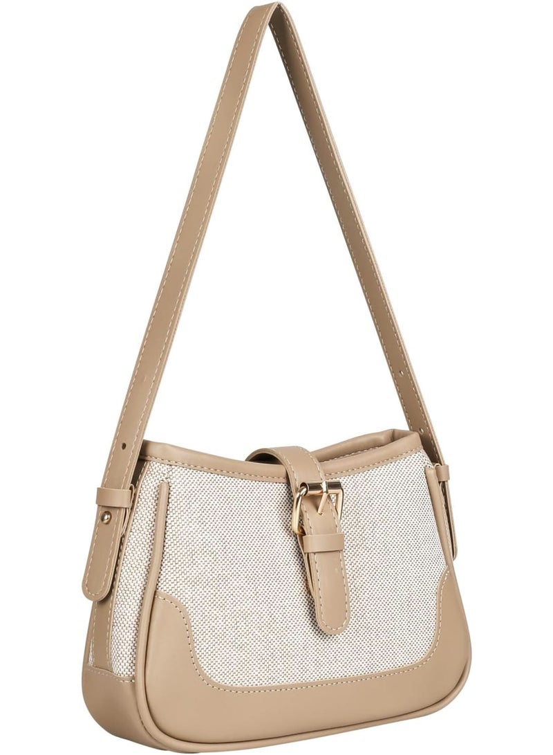 Zikra Stylish Saddle Bag, Canvas and PU Patchwork Crossbody Bag, Shoulder Purse with Adjustable Straps, Retro Versatile Women Hubo Bags, Beige - Image 1