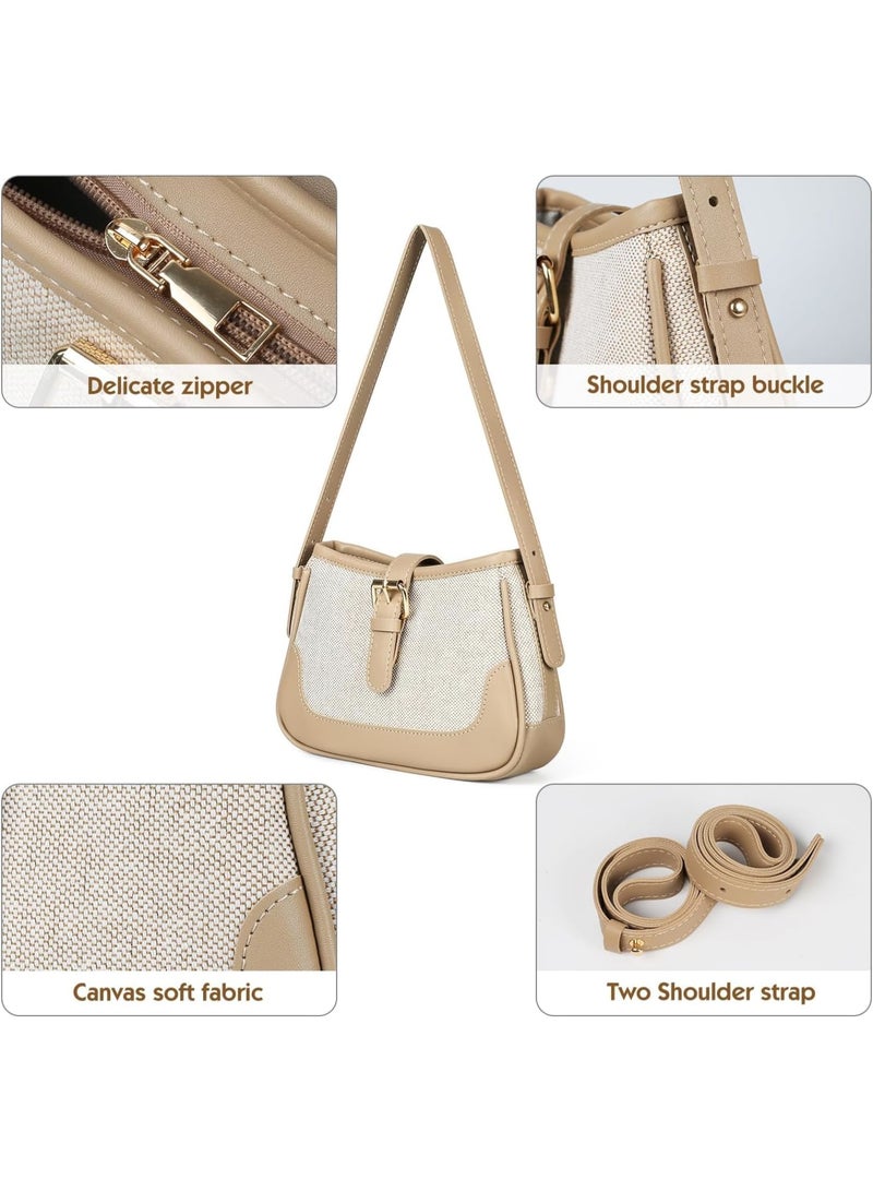 Zikra Stylish Saddle Bag, Canvas and PU Patchwork Crossbody Bag, Shoulder Purse with Adjustable Straps, Retro Versatile Women Hubo Bags, Beige - Image 4