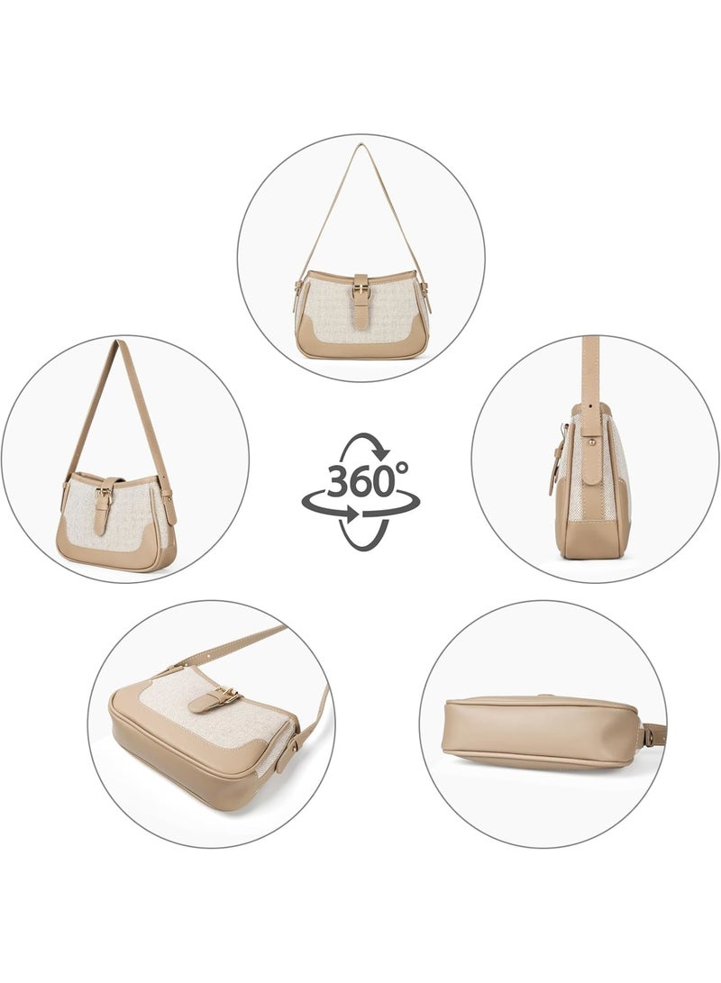 Zikra Stylish Saddle Bag, Canvas and PU Patchwork Crossbody Bag, Shoulder Purse with Adjustable Straps, Retro Versatile Women Hubo Bags, Beige - Image 3