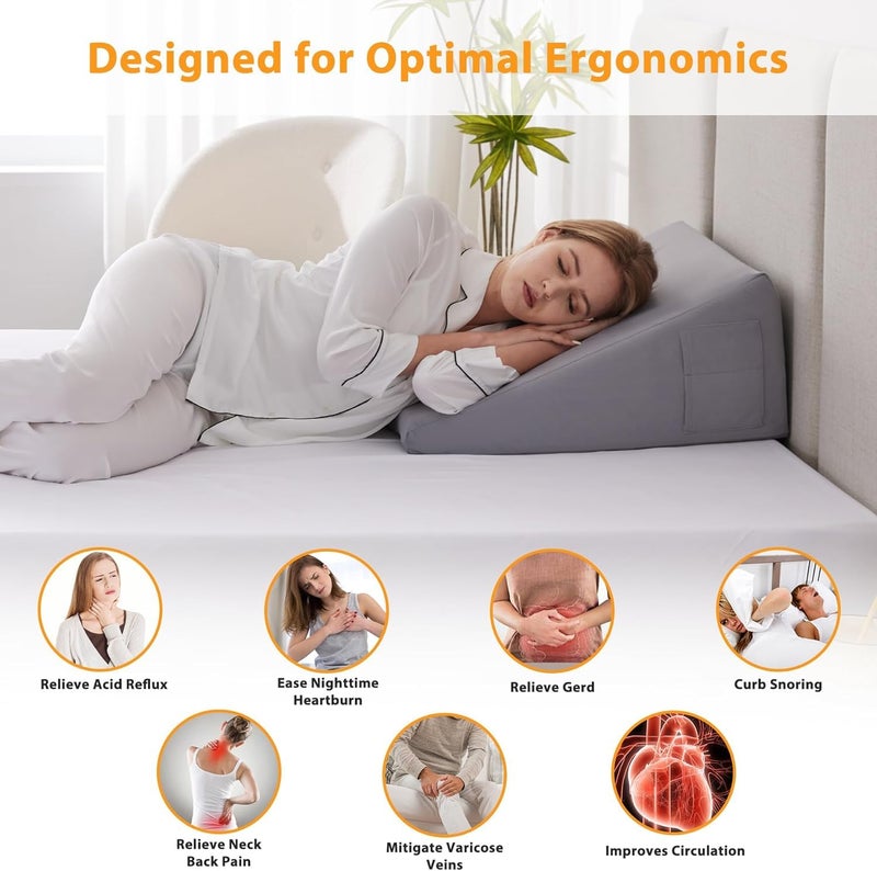 9villa Wedge Cushion Made with 100% Memory Foam | Pillow for Headboard,Acid Reflux Relief, Sleeping, After Surgery,Snoring, Leg Elevation,and Posture Comfort (Pulsh Grey, 21L x 17.5W x 10.5H Inch) - Image 2