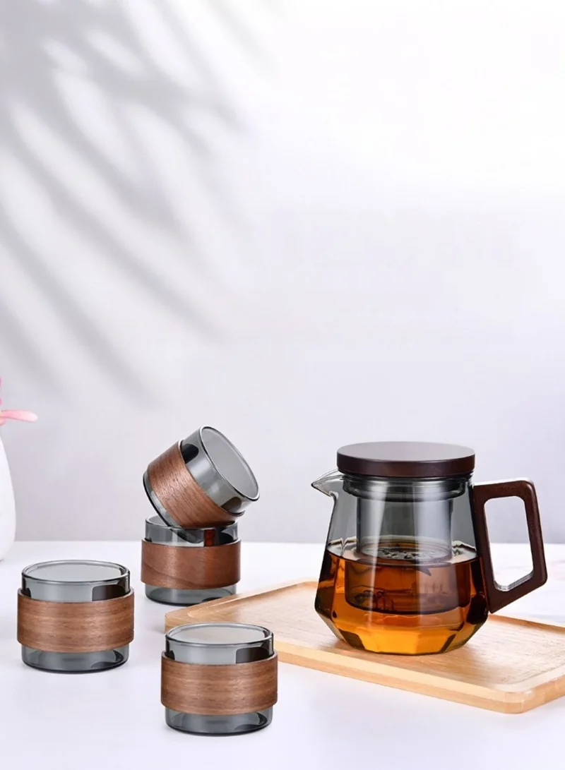 1Chase Glass Tea Set – 500ml Smoky Grey Teapot with Walnut Handle &amp; Lid + 4pcs 130ml Cups, Heat-Resistant Tea Pot and Cup Set for Home &amp; Office