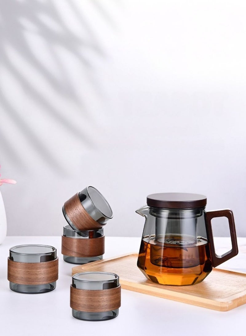1Chase Glass Tea Set – 500ml Smoky Grey Teapot with Walnut Handle & Lid + 4pcs 130ml Cups, Heat-Resistant Tea Pot and Cup Set for Home & Office - Image 1