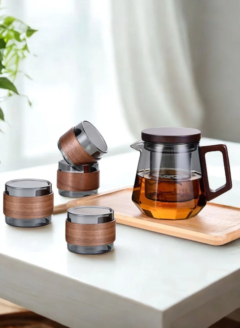 1Chase Glass Tea Set – 500ml Smoky Grey Teapot with Walnut Handle &amp; Lid + 4pcs 130ml Cups, Heat-Resistant Tea Pot and Cup Set for Home &amp; Office