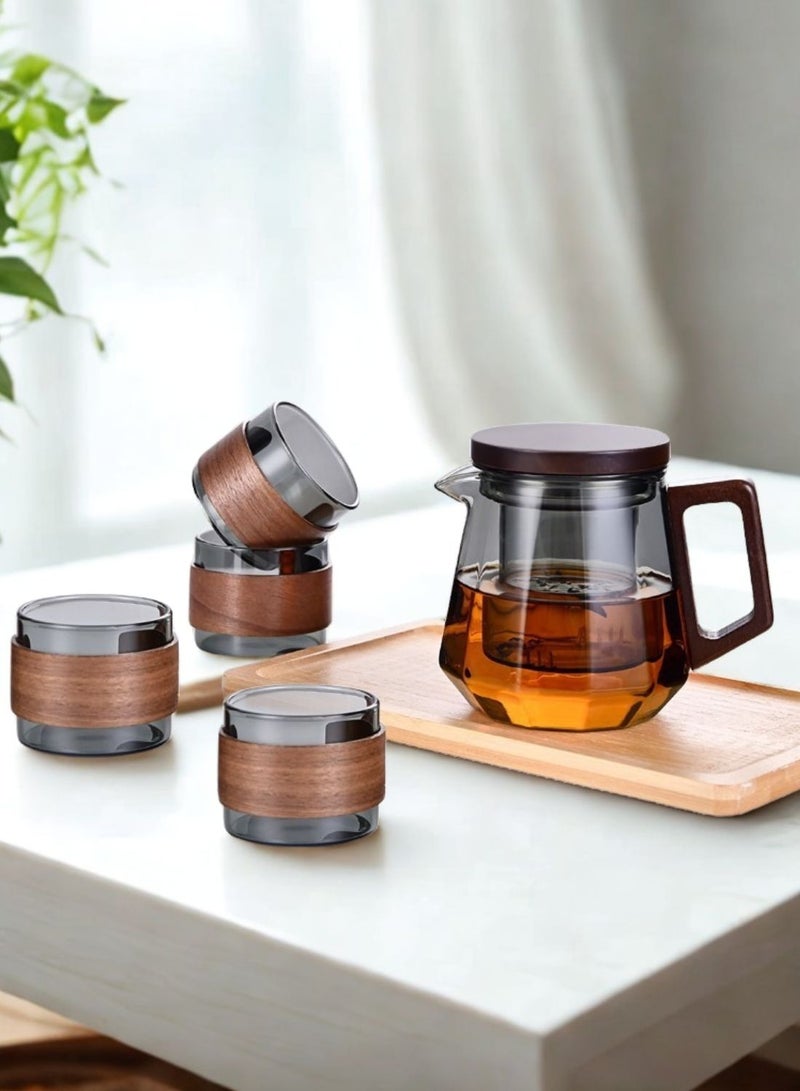 1Chase Glass Tea Set – 500ml Smoky Grey Teapot with Walnut Handle & Lid + 4pcs 130ml Cups, Heat-Resistant Tea Pot and Cup Set for Home & Office - Image 2