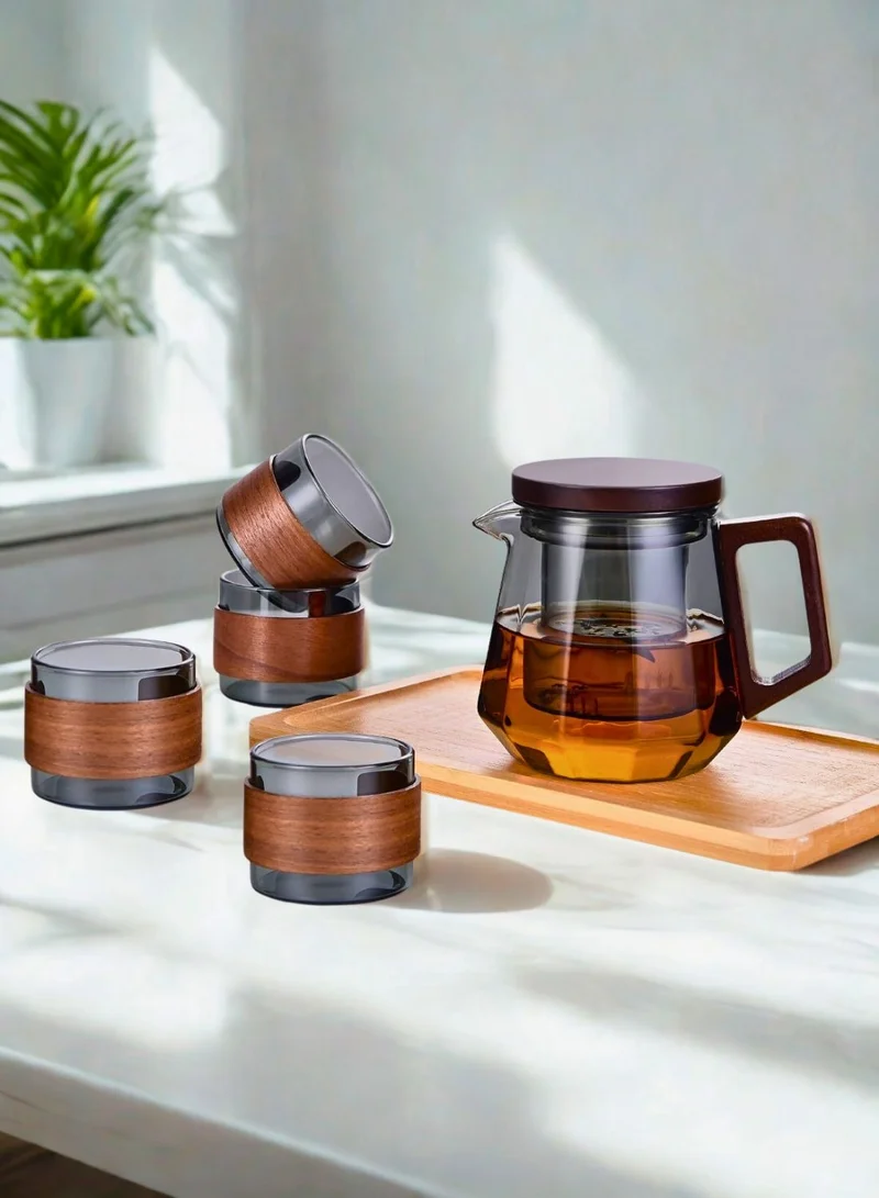 1Chase Glass Tea Set – 500ml Smoky Grey Teapot with Walnut Handle &amp; Lid + 4pcs 130ml Cups, Heat-Resistant Tea Pot and Cup Set for Home &amp; Office
