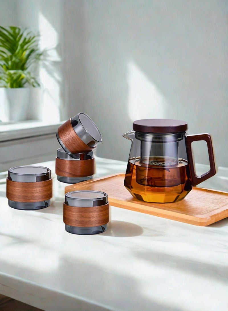 1Chase Glass Tea Set – 500ml Smoky Grey Teapot with Walnut Handle & Lid + 4pcs 130ml Cups, Heat-Resistant Tea Pot and Cup Set for Home & Office - Image 3